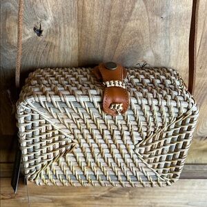 Made In Vietnam | Hardbody Wicker Crossbody Bag w/ Leather Strap & Closure